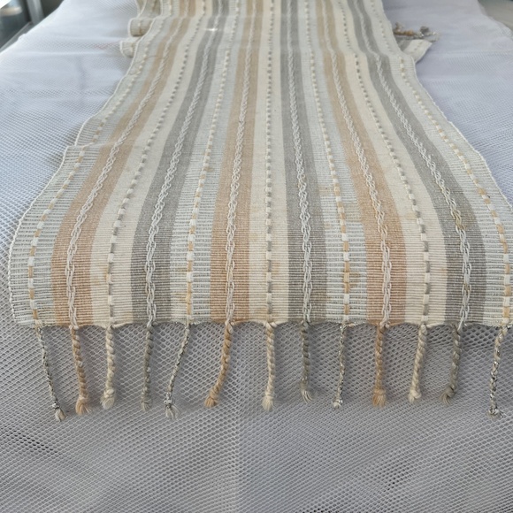 Pier One Imports Table Runner Beige Gray Tonal Striped Textured Fringe Shiny - Picture 2 of 4